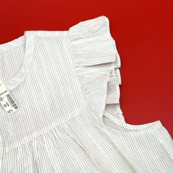 Madewell Ruffle-Sleeve Bib Top Metallic Lurex Stripe Size Small Button Up Blouse - Picture 3 of 10
